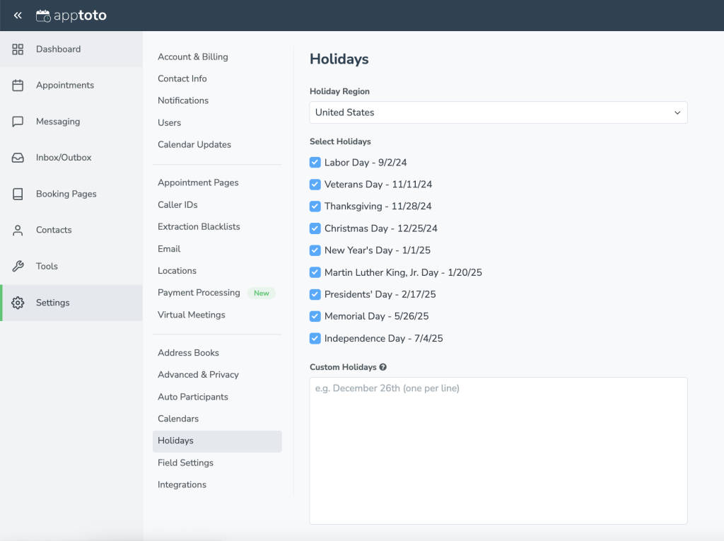 Choose the holidays you want to block from your booking page availability